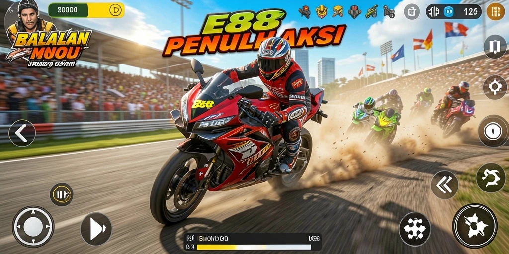 Screenshot E88 menunjukkan aksi balapan motor yang seru dan intens.