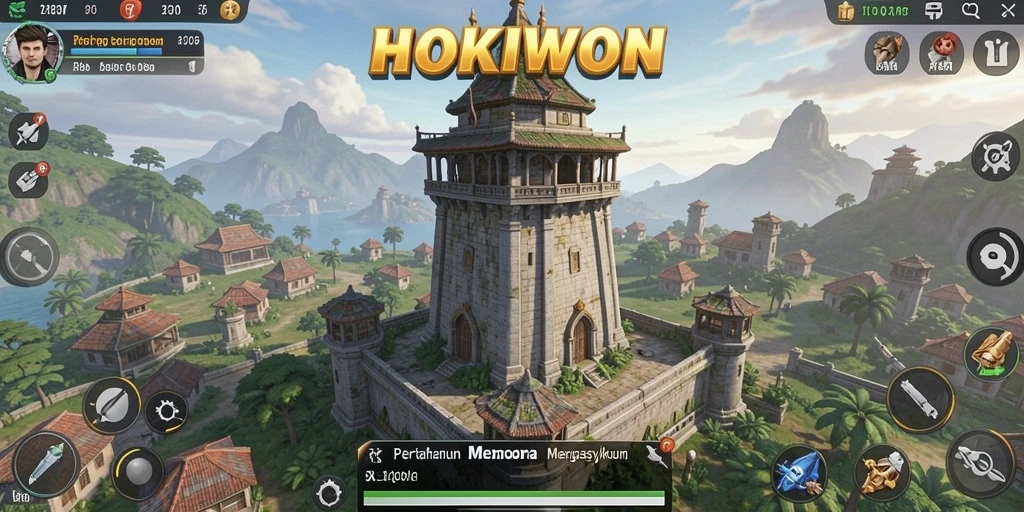 Tampilan menara bertahan di HOKIWON dengan serangan musuh yang mendebarkan.