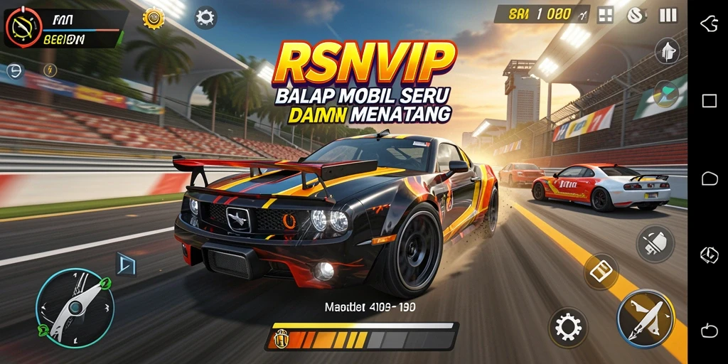 Screenshot gameplay RSNVIP menampilkan mobil balap di lintasan yang menantang.
