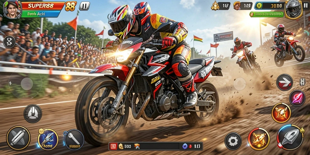 Tangkapan layar game SUPER88 menampilkan aksi balapan motor yang mendebarkan.