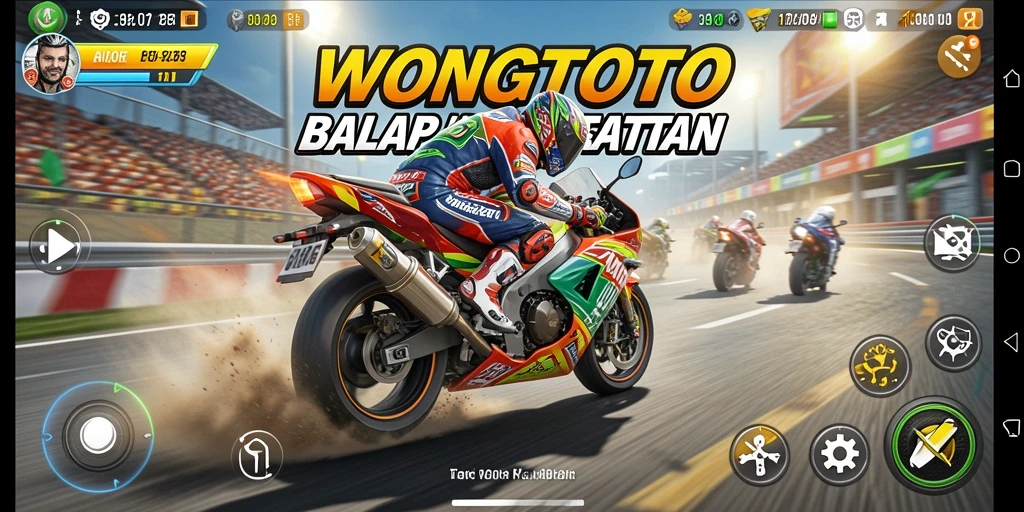 Tampilan balapan seru dalam permainan WONGTOTO dengan motor kece.