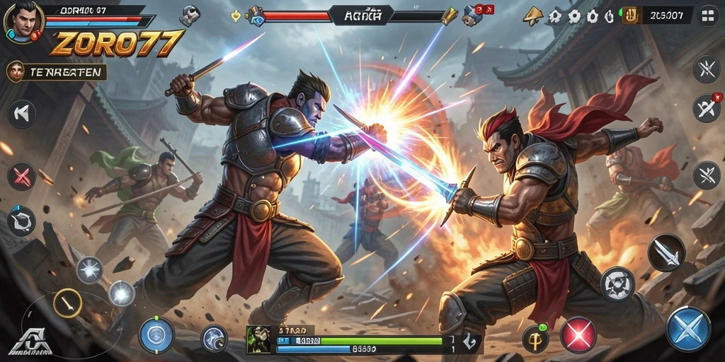 Screenshot ZORO77 menunjukkan aksi pertarungan yang mendebarkan dan karakter yang dinamis.